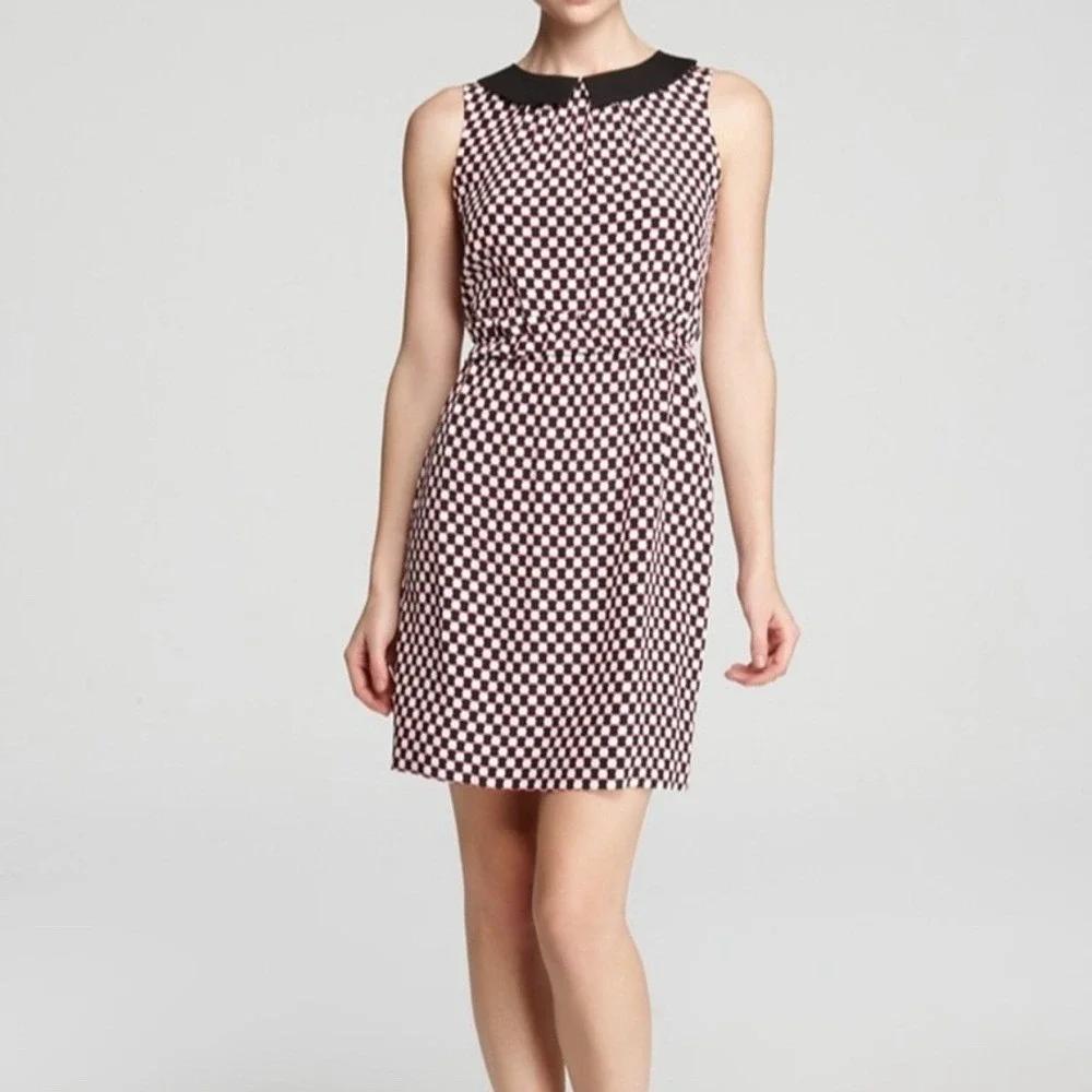 Chic Checkerboard Collar Dress Women's Sleeveless Sheath‎ Belted Black White